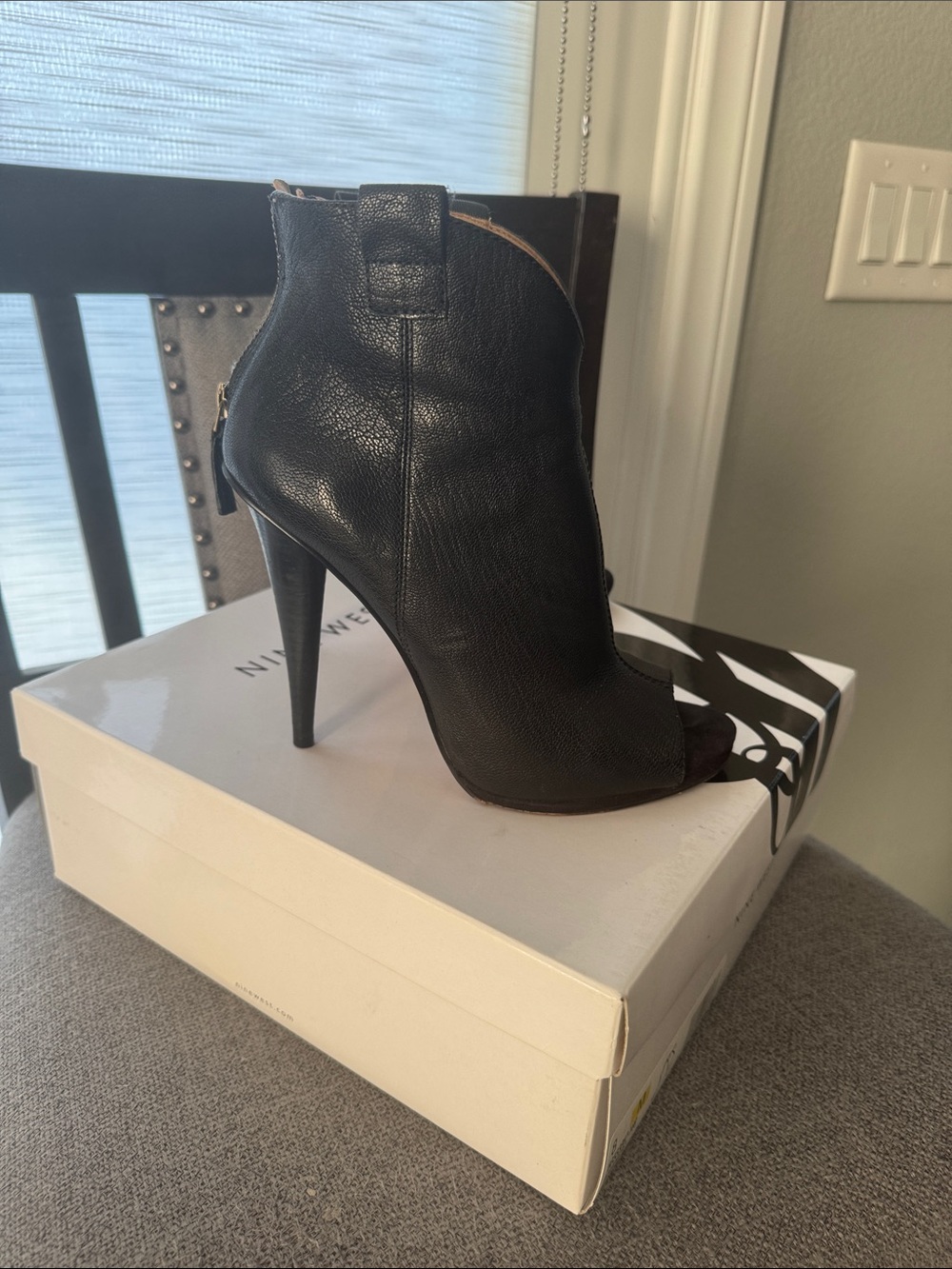 Nine West Black Leather Peep-Toe Ankle Boots